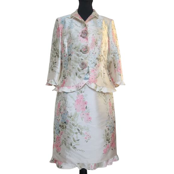 VTG Rickie Freeman for Teri Jon Silk Taffeta Floral Pastel Dress+Jacket Set✨️12 - Picture 3 of 16